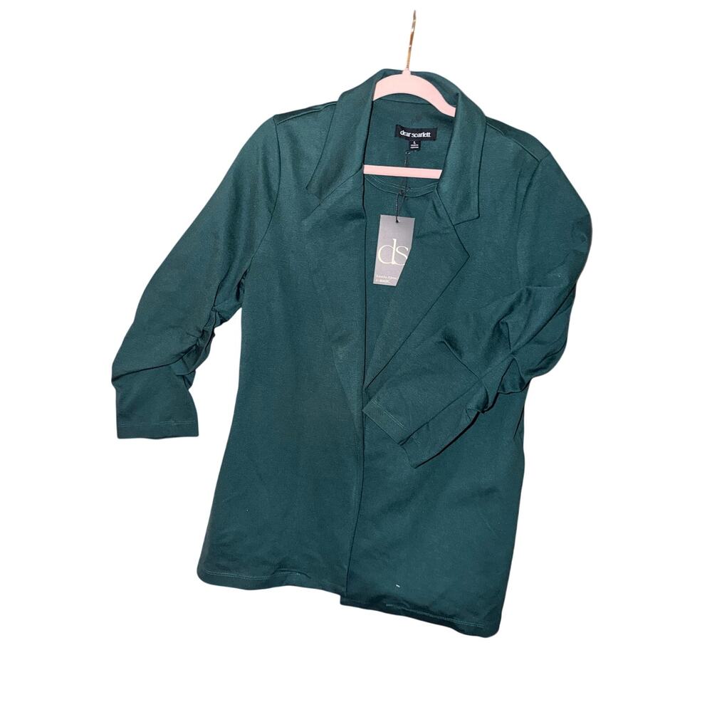 NWT dear scarlet teal blazer open front cinched arms large rayon nylon spandex